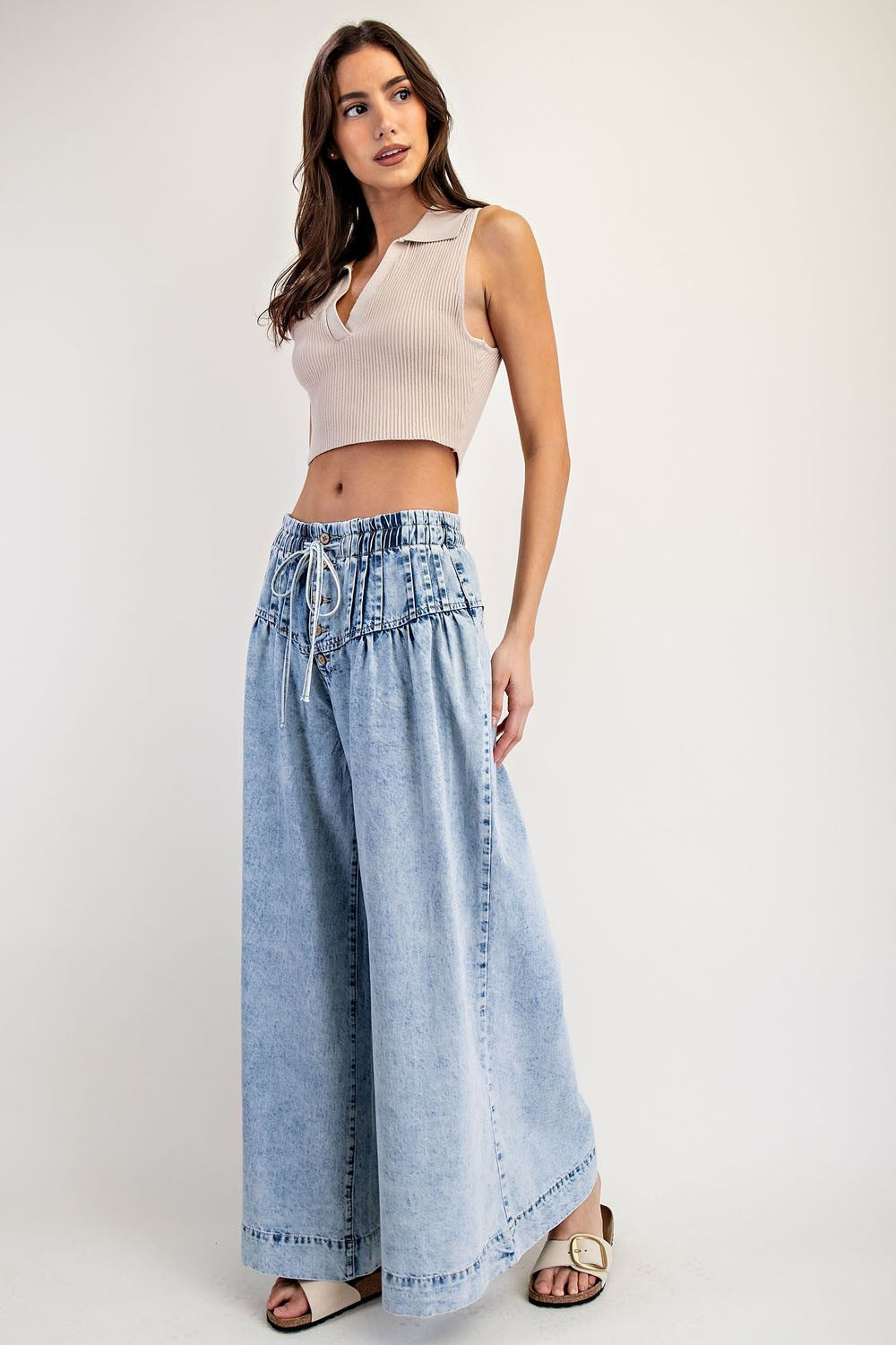 Mineral Washed Pleated Wide Leg Pants