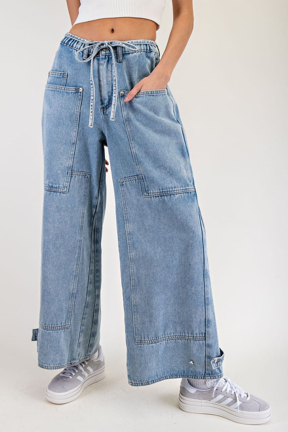 Belted Patch Pocket Wide Leg Jeans