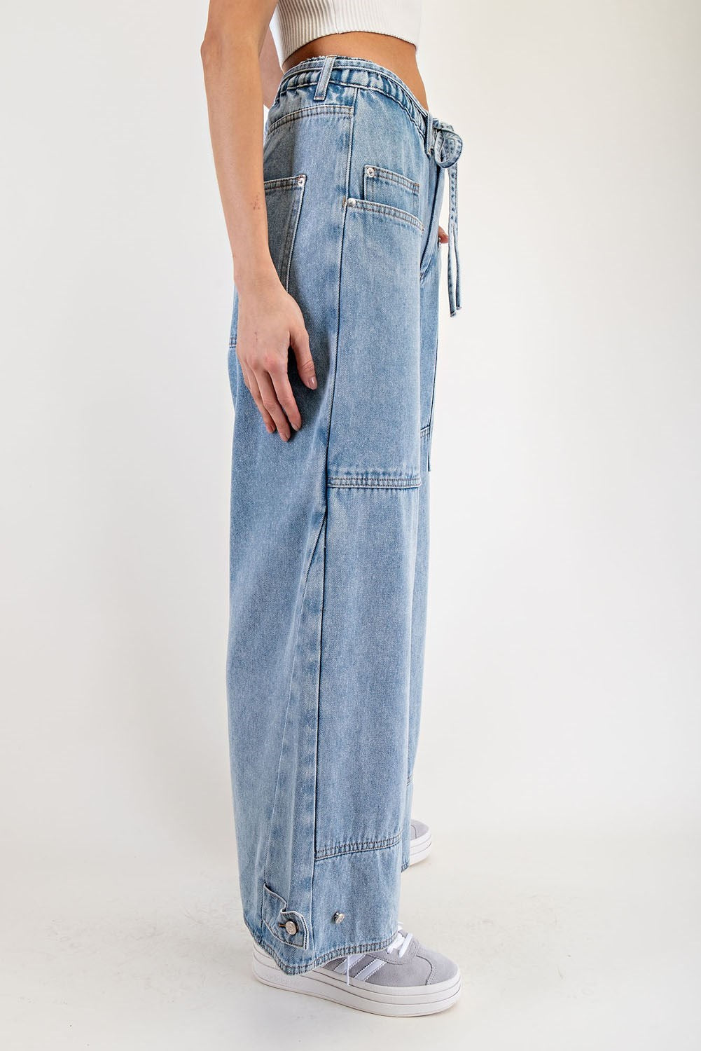 Belted Patch Pocket Wide Leg Jeans