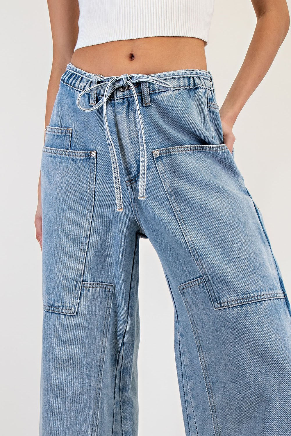 Belted Patch Pocket Wide Leg Jeans