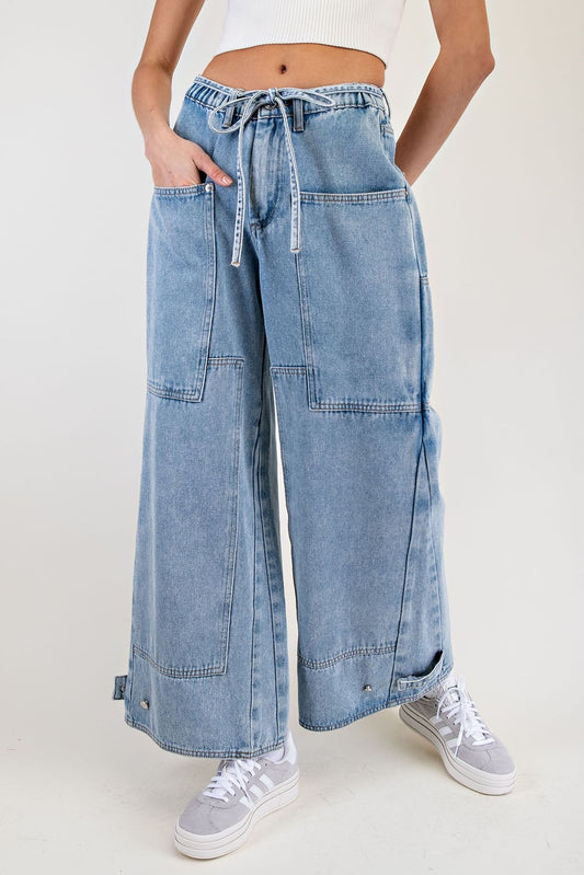 Belted Patch Pocket Wide Leg Jeans