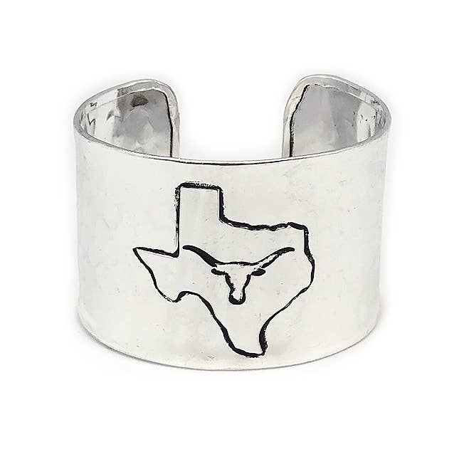 Silver Adjustable Cuff Bracelet - Texas with Longhorn