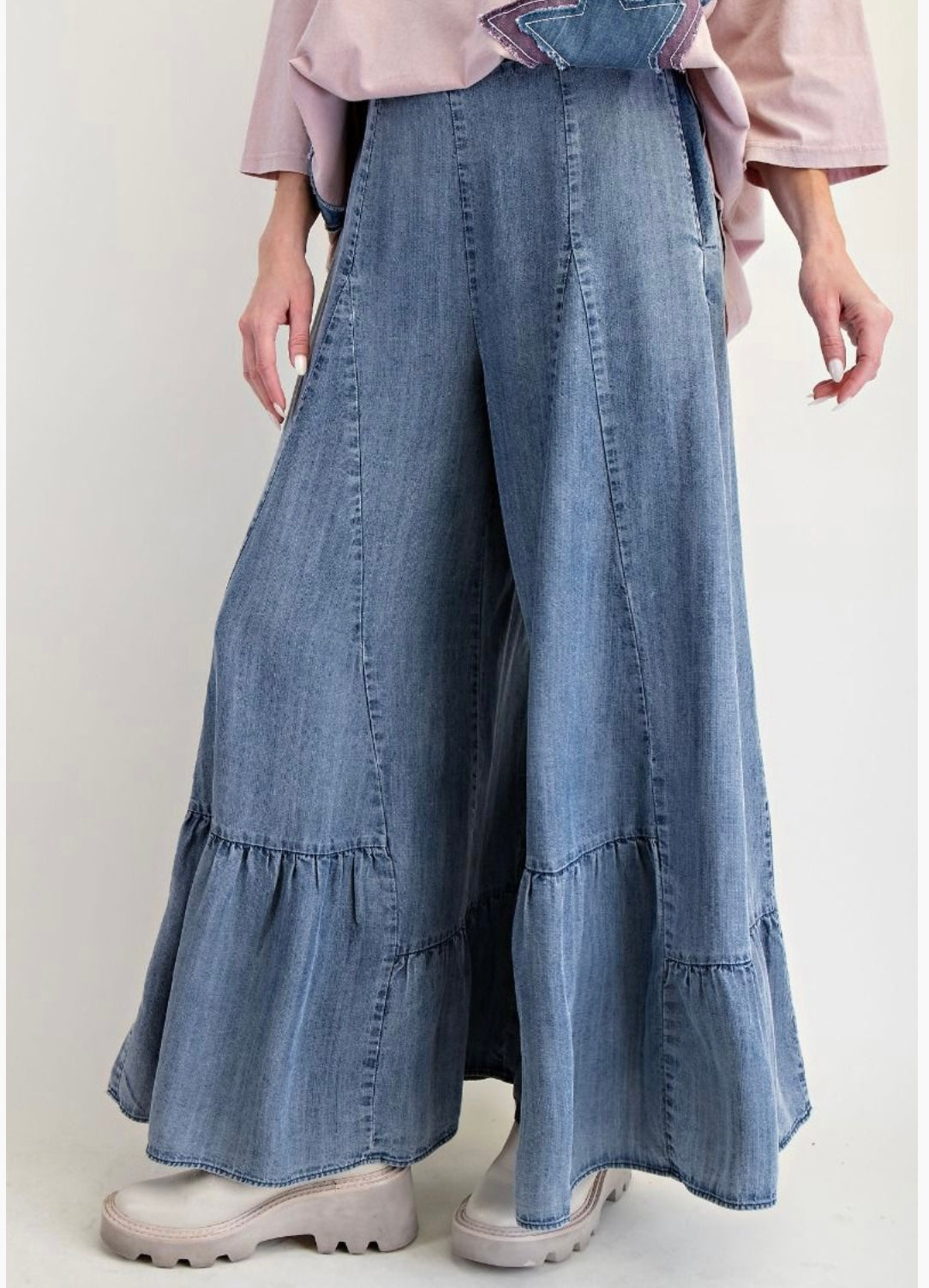 Ruffle Bottom Denim Palazzo Pants