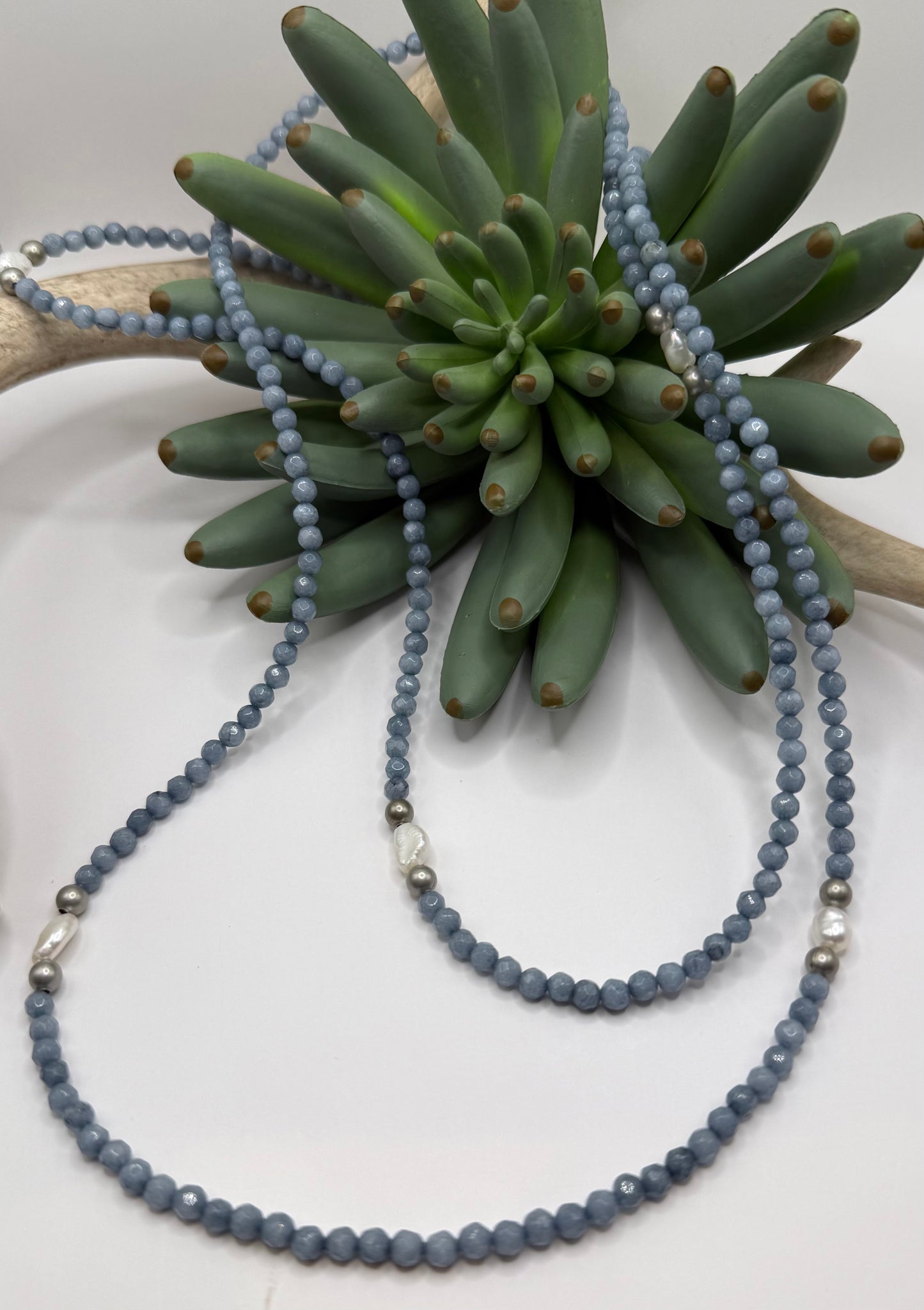 Extra Long Denim Blue & Pearl Necklace