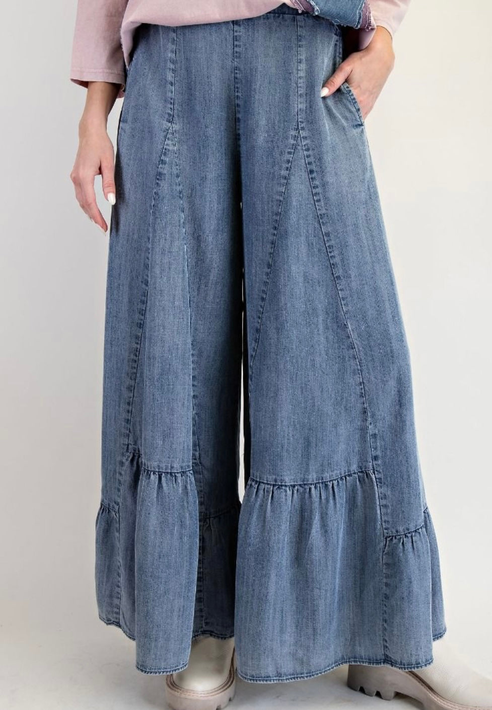 Ruffle Bottom Denim Palazzo Pants