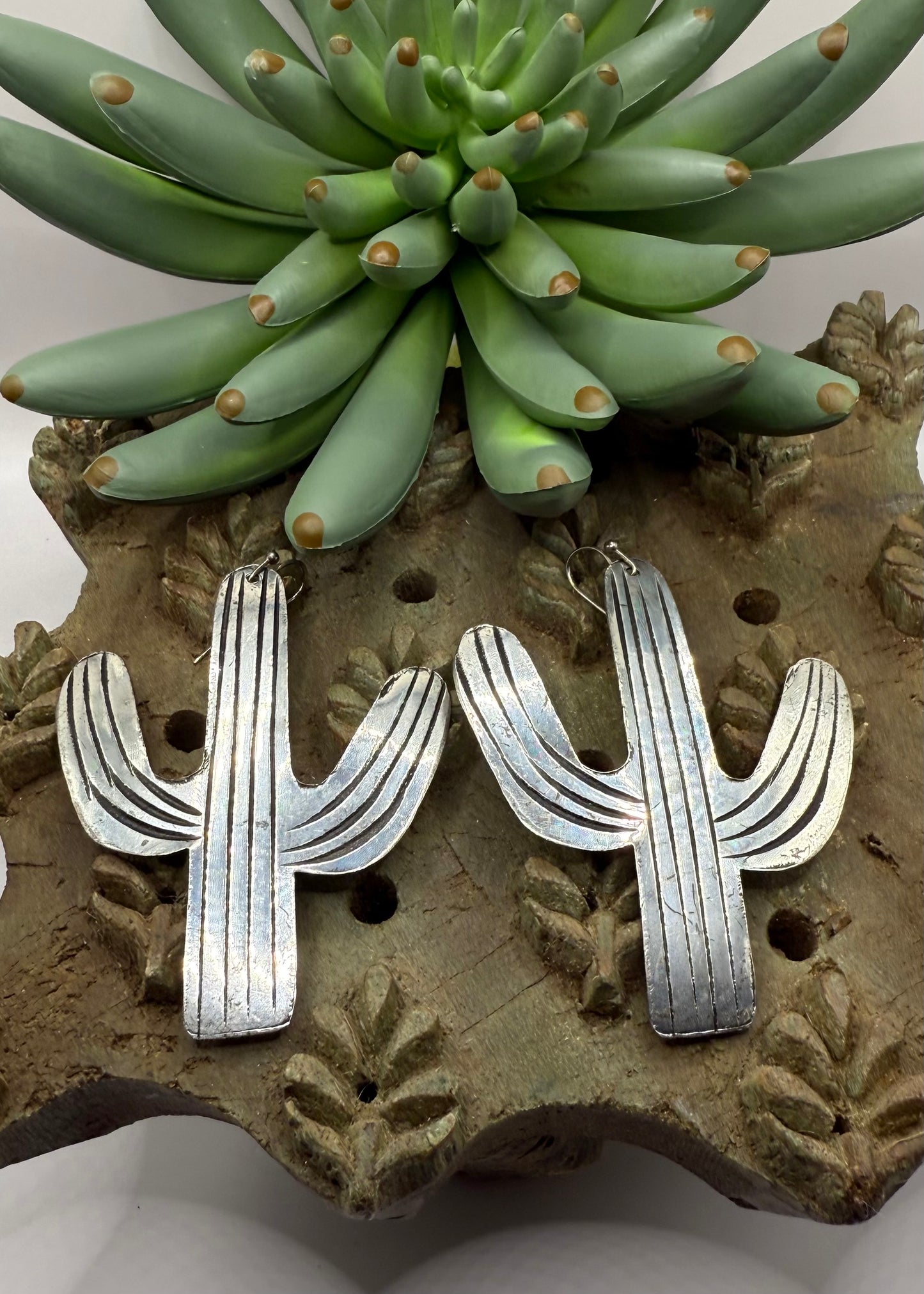 Large Silver Cactus Earrings