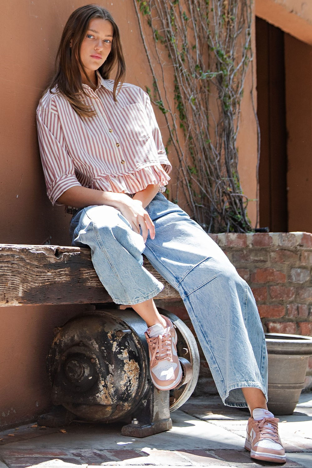 Striped Ruffle Hem Button Up Blouse - 2 Colors