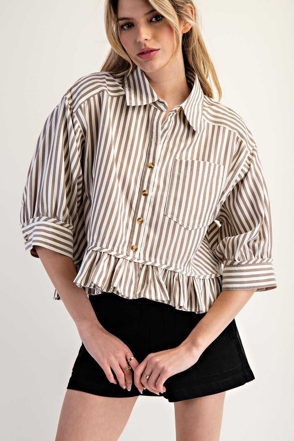 Striped Ruffle Hem Button Up Blouse - 2 Colors
