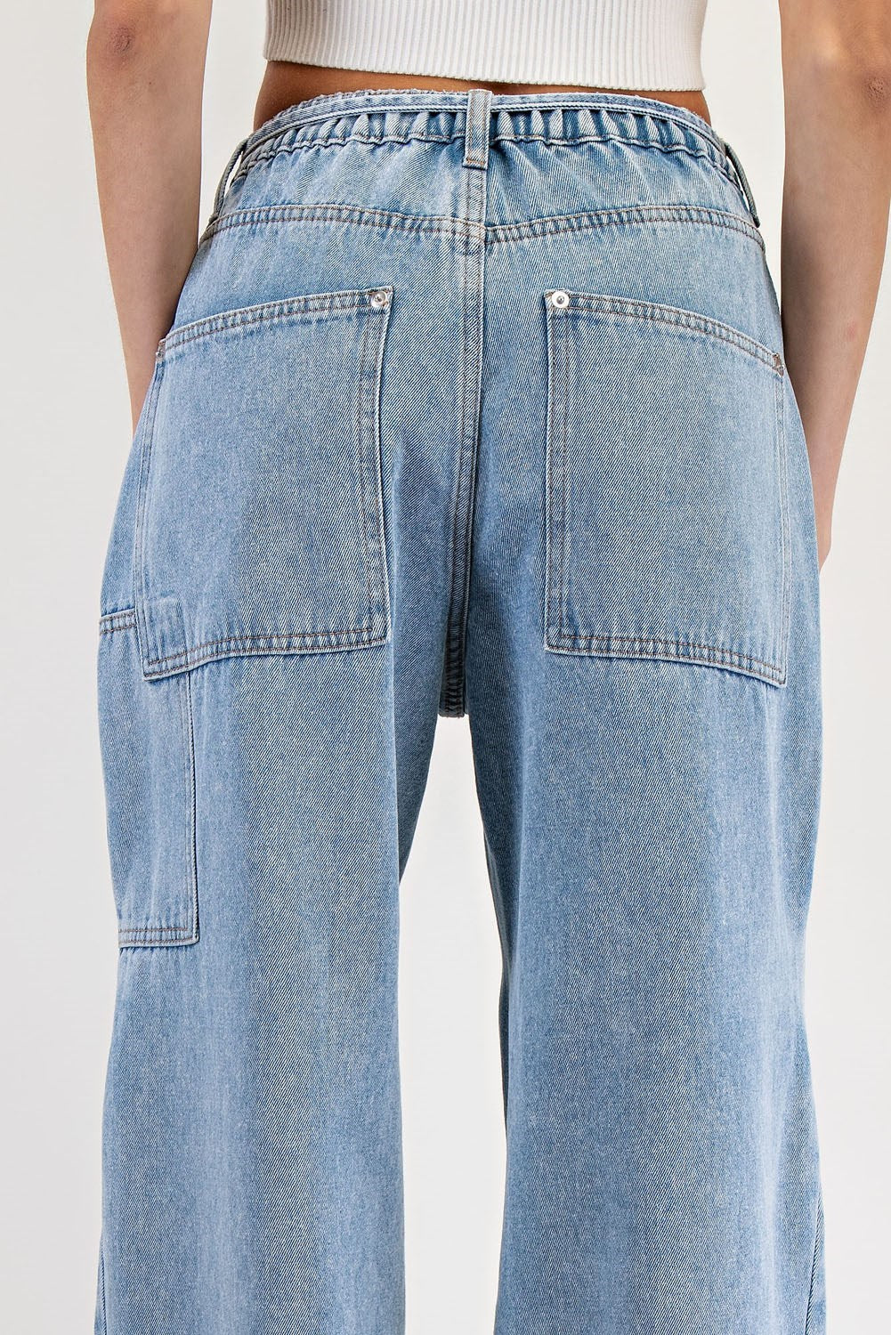 Belted Patch Pocket Wide Leg Jeans