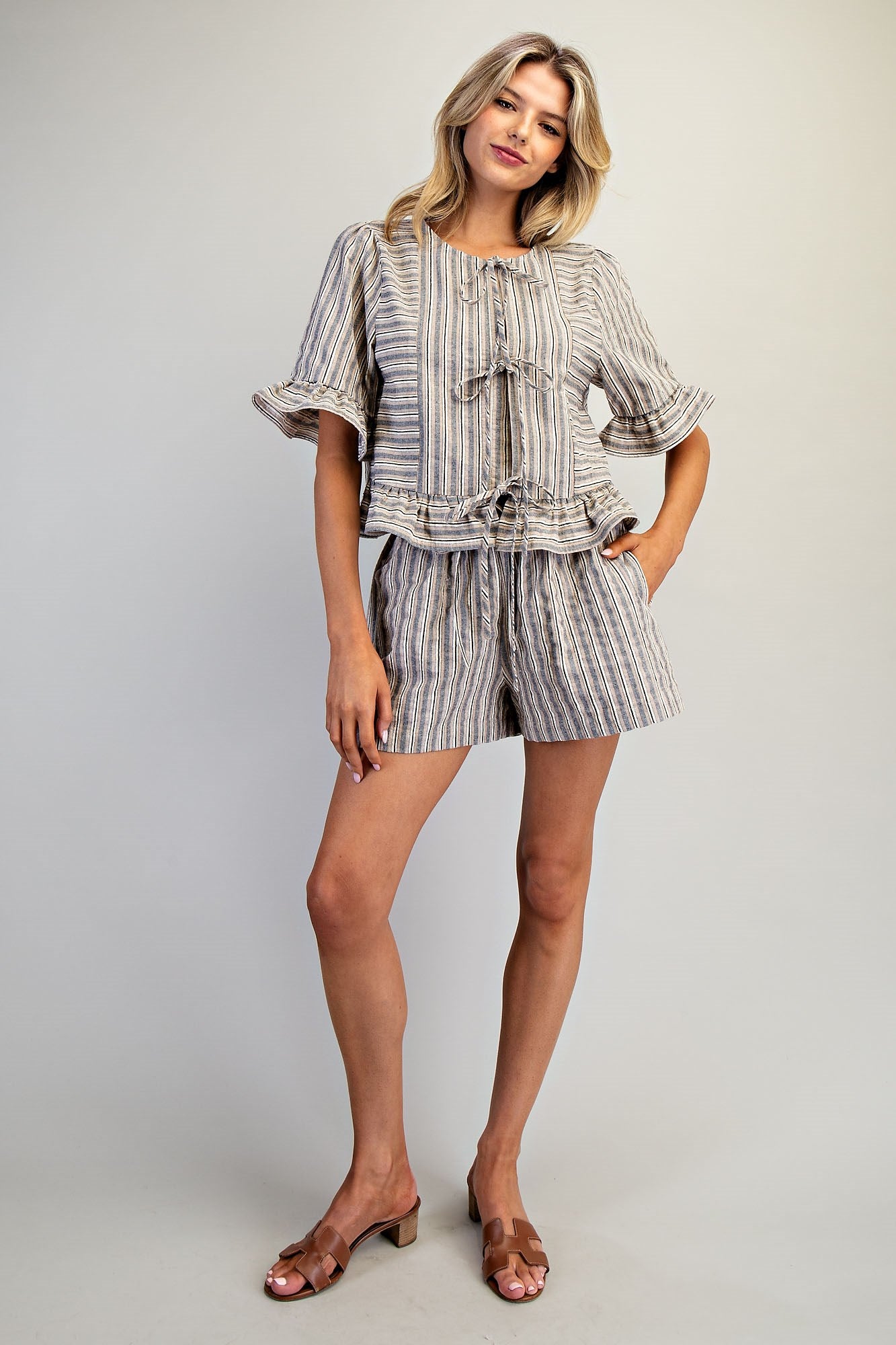Striped Front Tie Ruffled Blouse Top