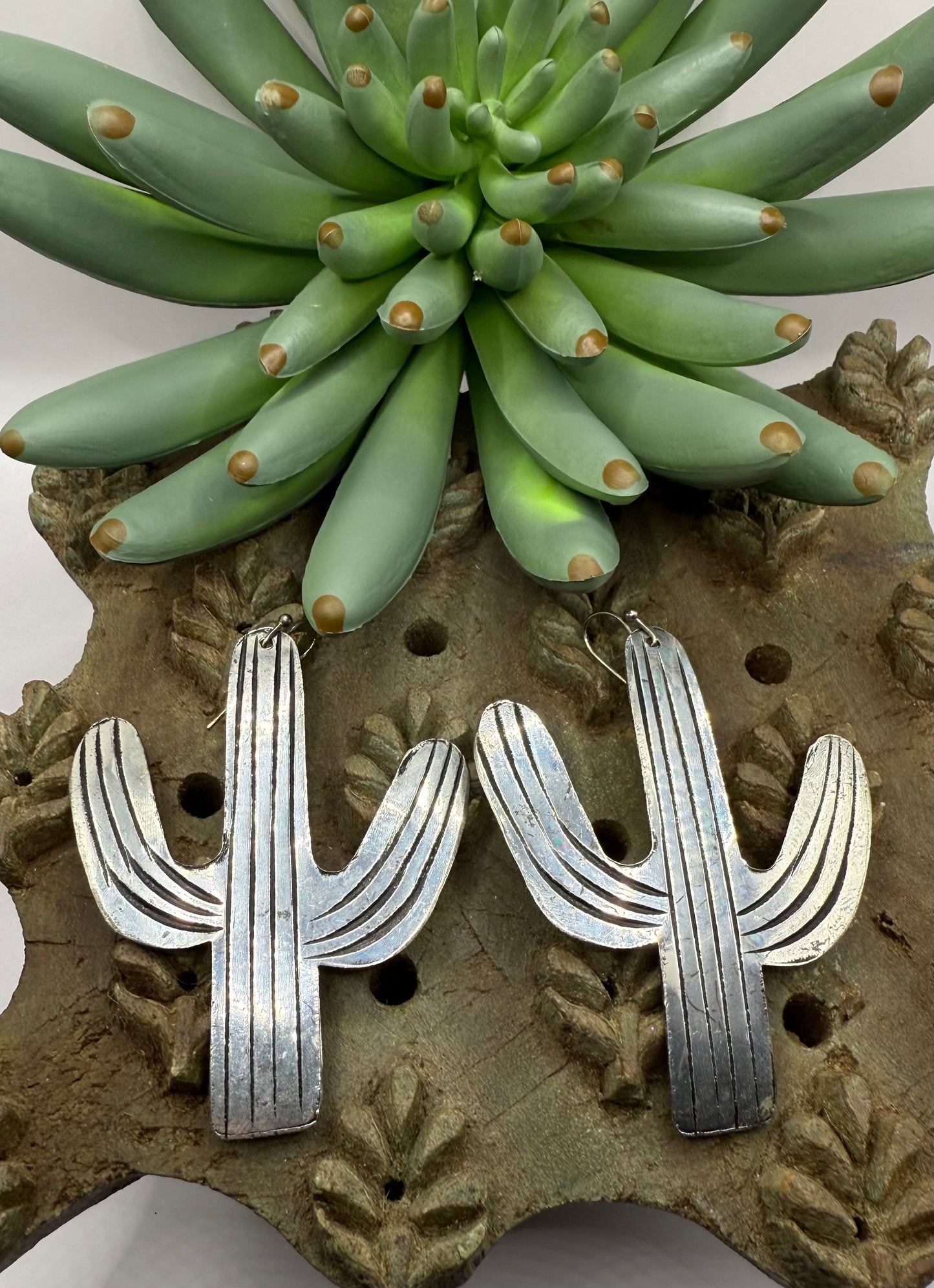Large Silver Cactus Earrings