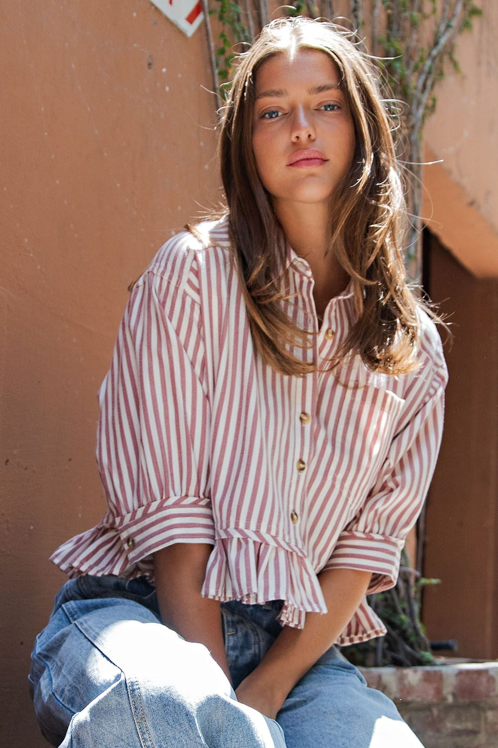 Striped Ruffle Hem Button Up Blouse - 2 Colors