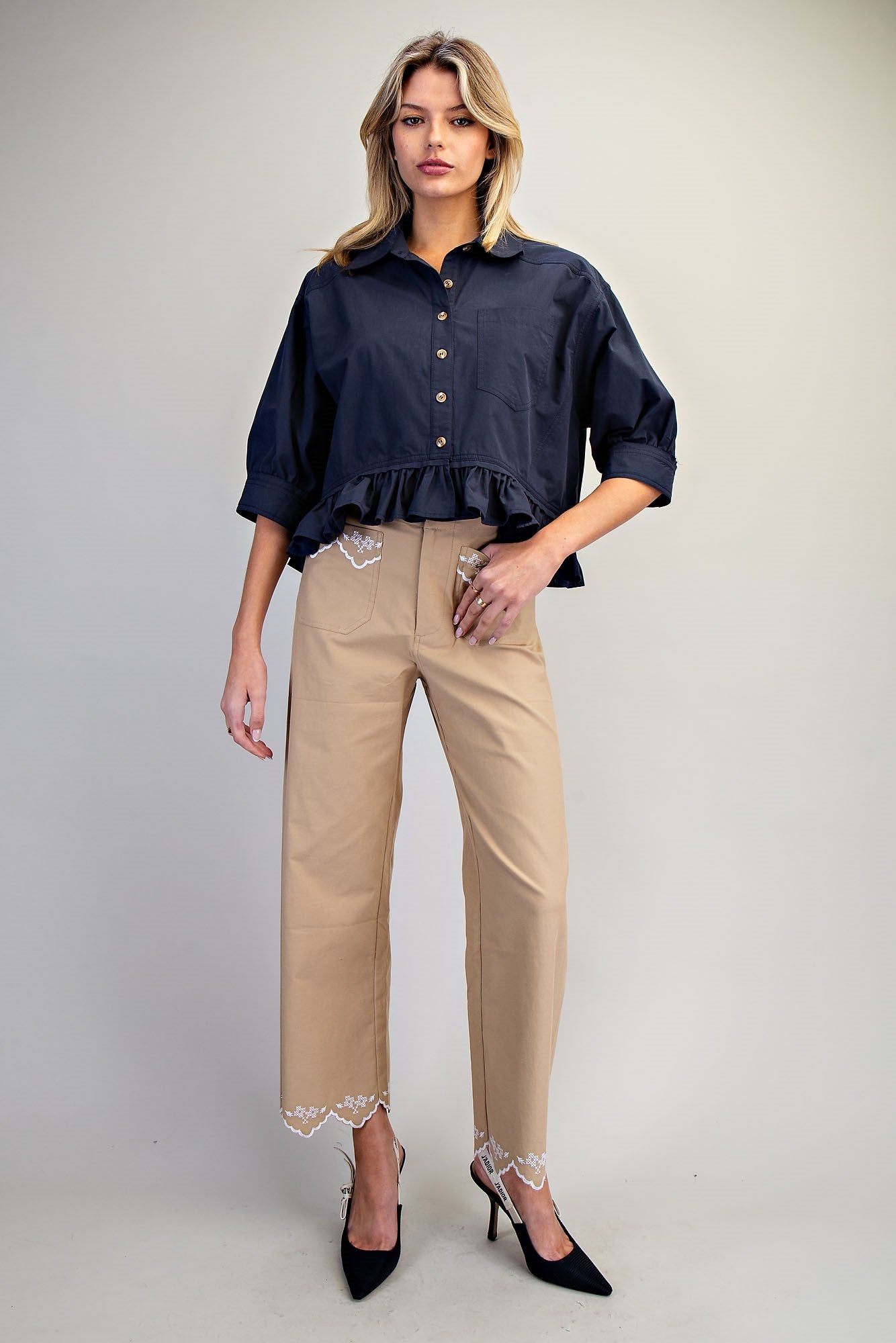 Button Down Peplum Hem Blouse