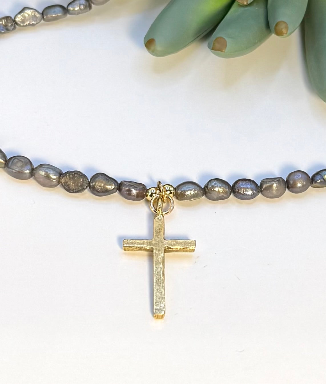 Peacock Pearls & Gold Cross Necklace