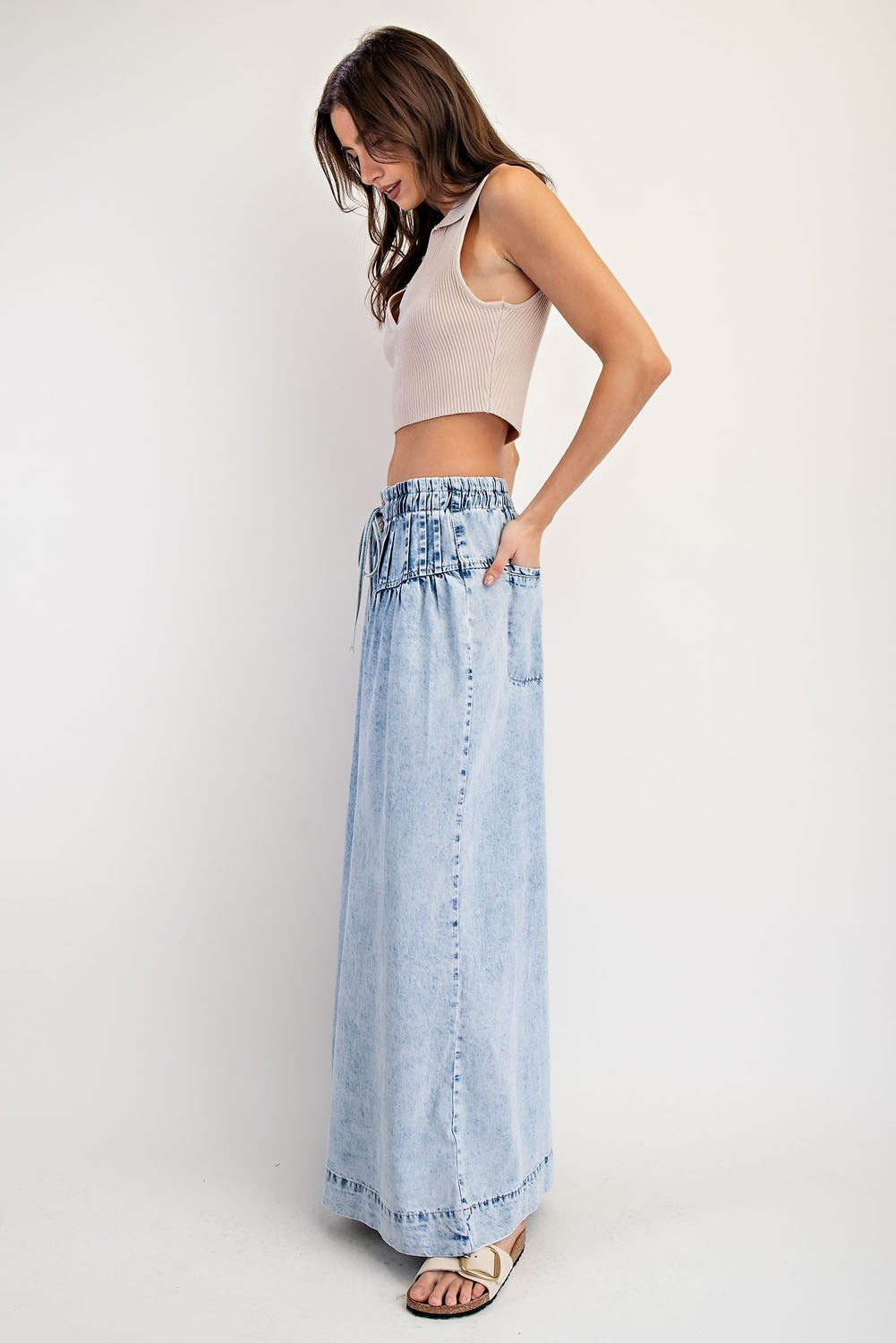 Mineral Washed Pleated Wide Leg Pants