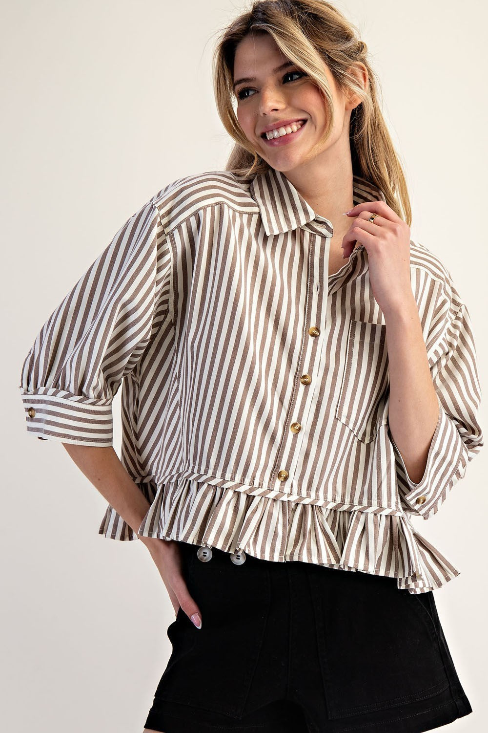 Striped Ruffle Hem Button Up Blouse - 2 Colors