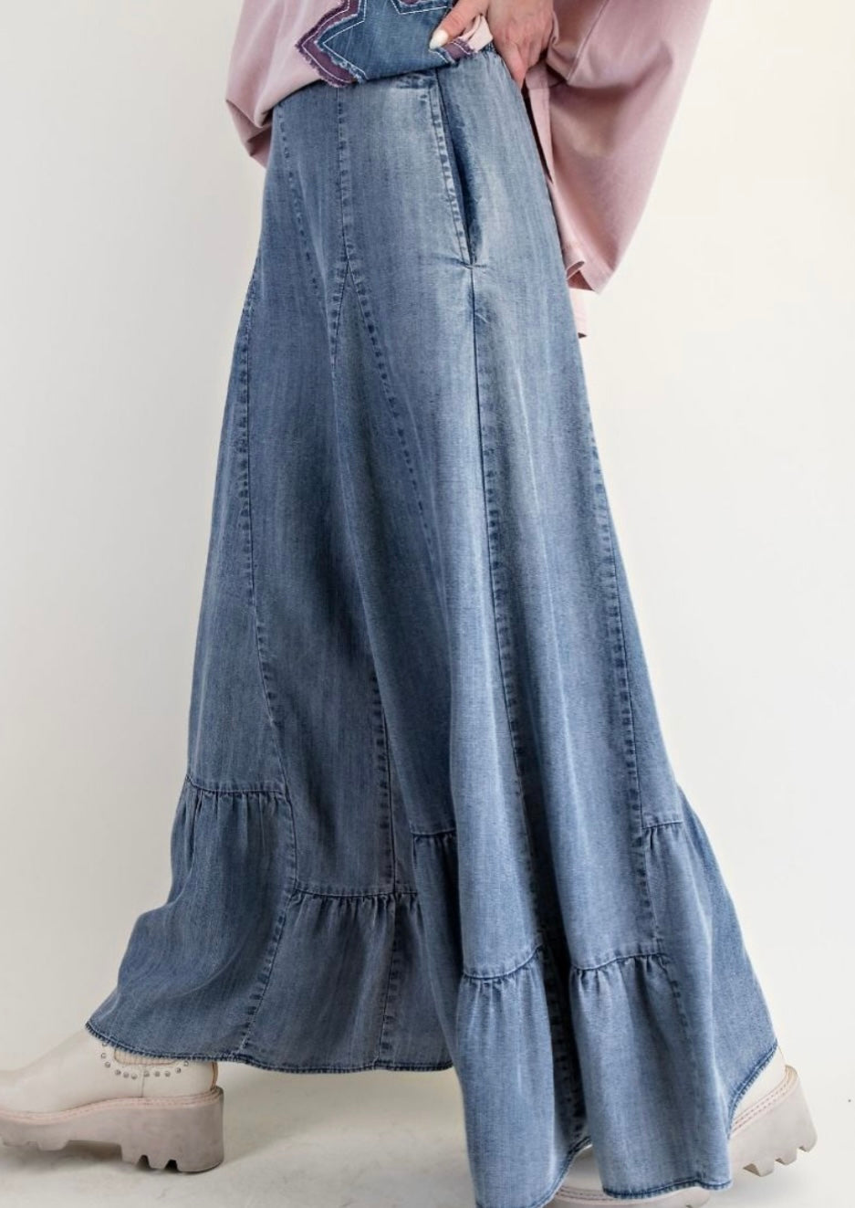 Ruffle Bottom Denim Palazzo Pants