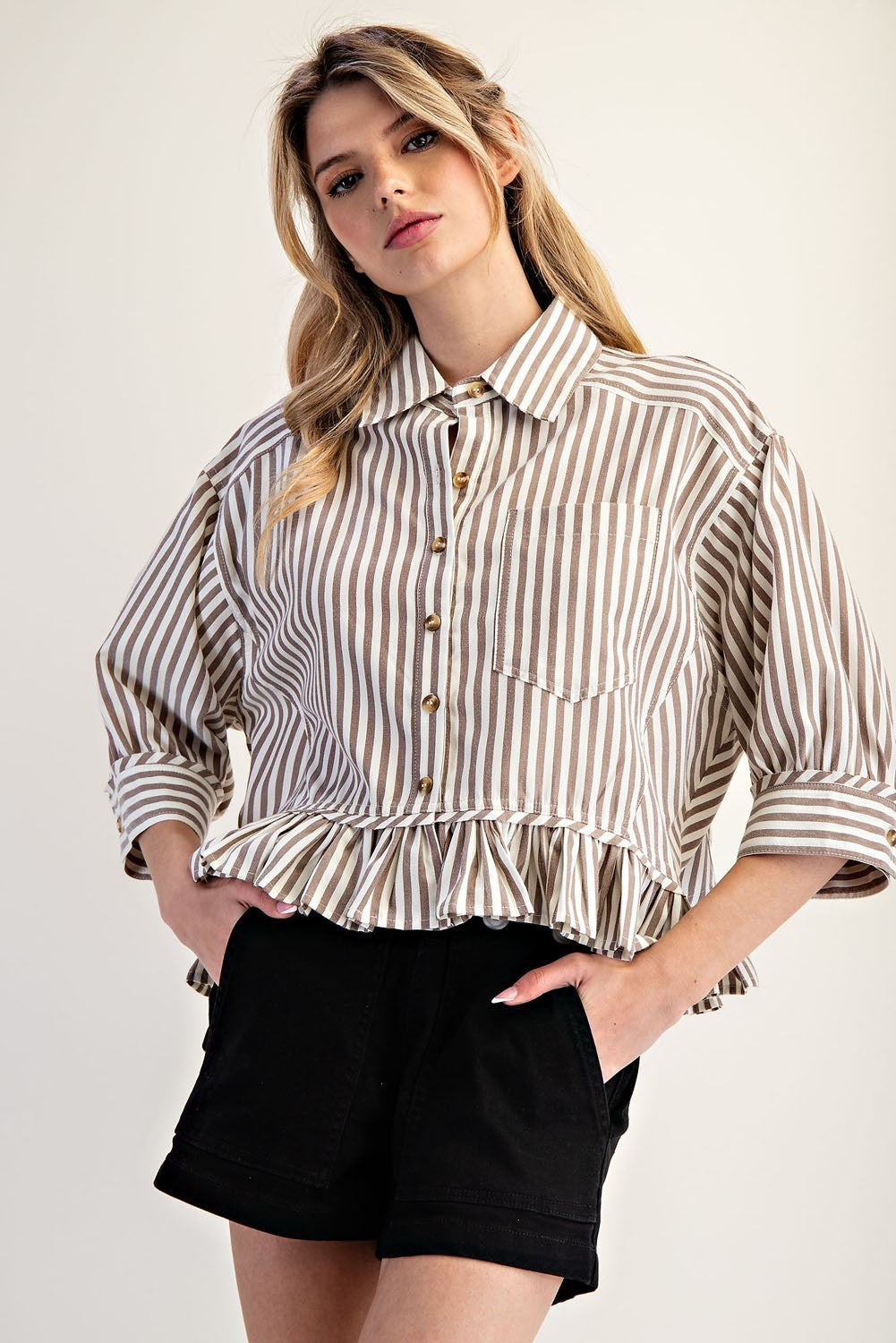 Striped Ruffle Hem Button Up Blouse - 2 Colors