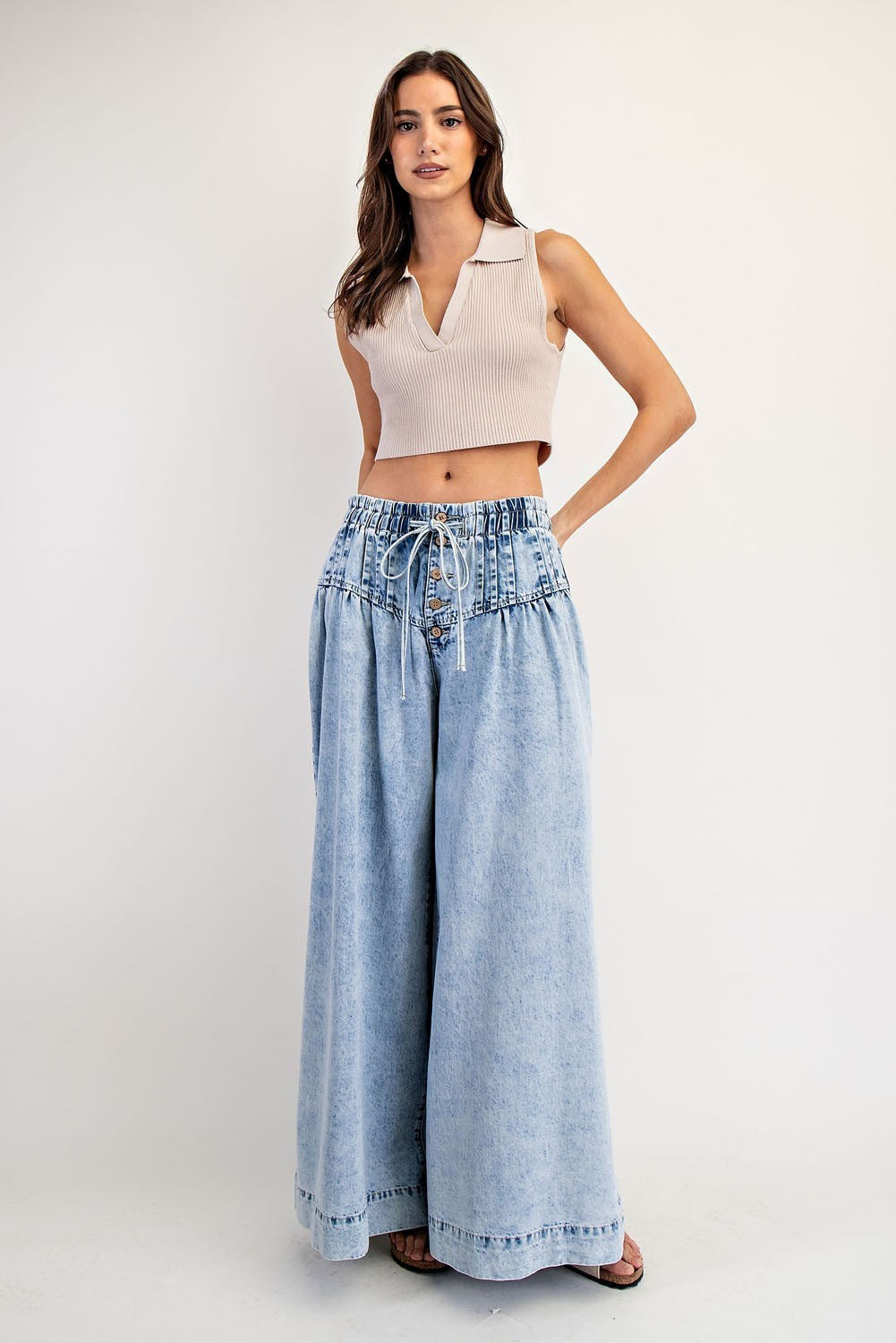 Mineral Washed Pleated Wide Leg Pants