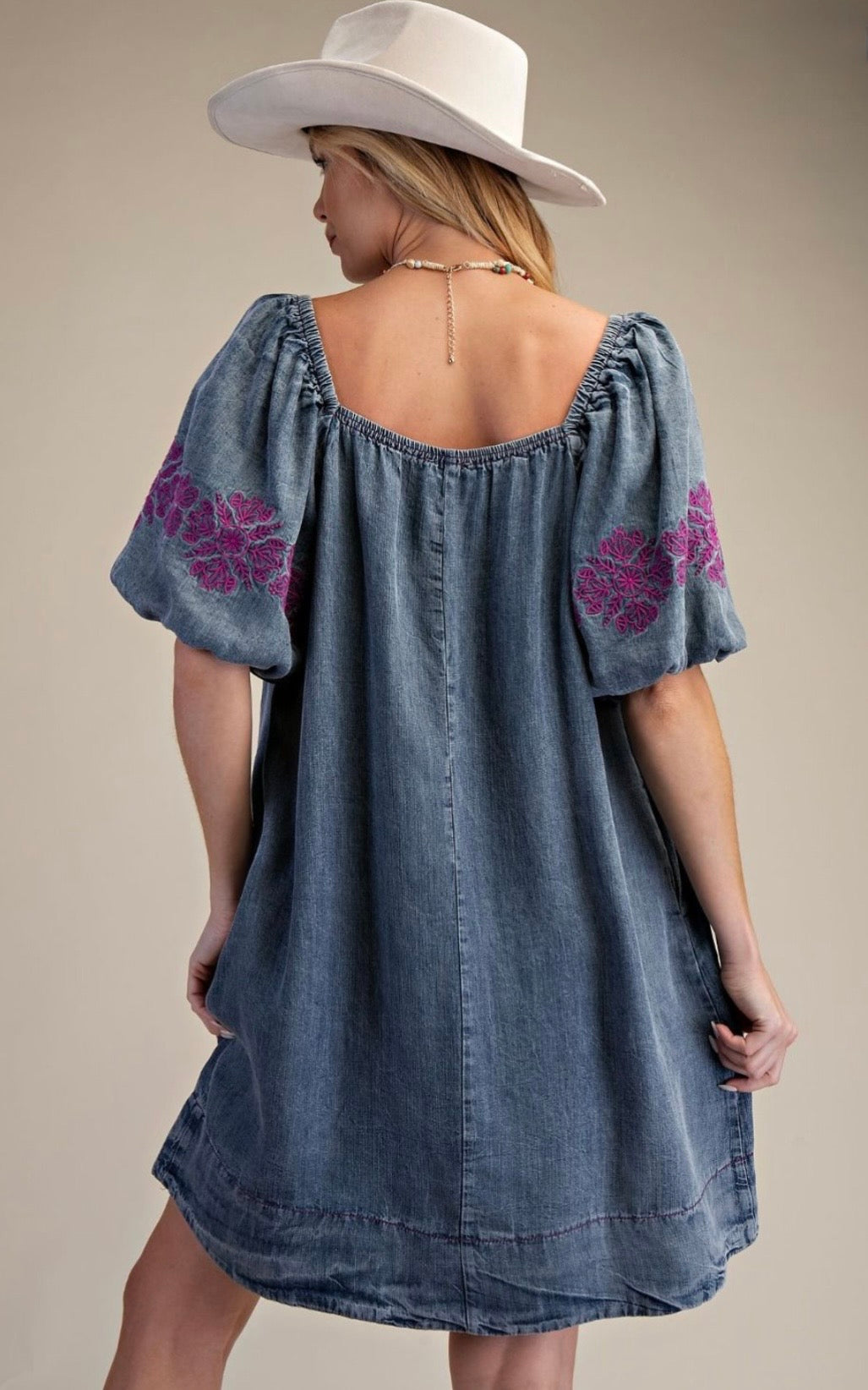 Embroidery Detailing Washed Denim Dress