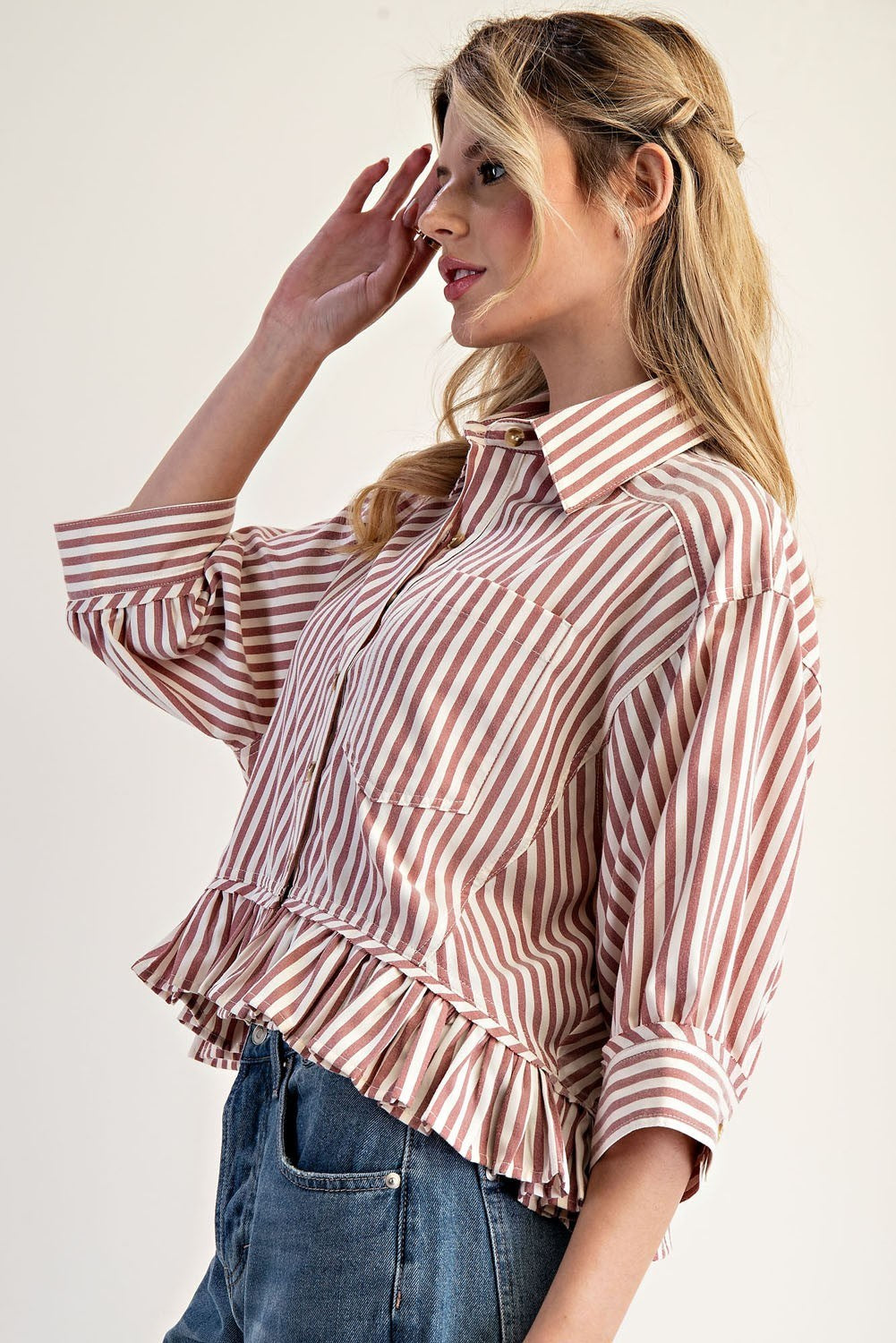Striped Ruffle Hem Button Up Blouse - 2 Colors