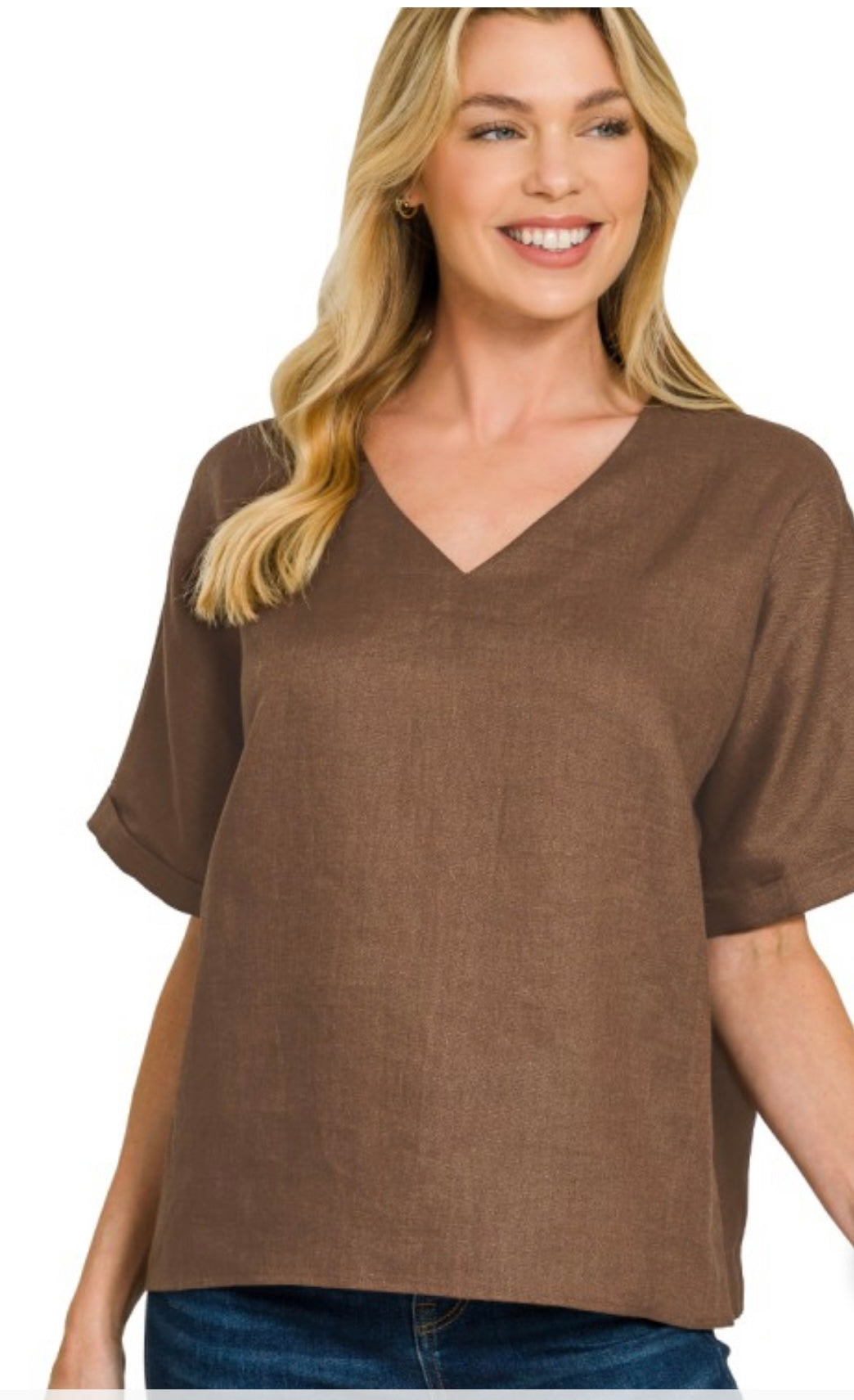 Cuff Sleeve Linen V-Neck Top - 4 Colors