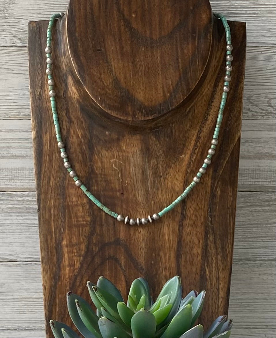 Turquoise Heishi & Silver Pearl Necklace
