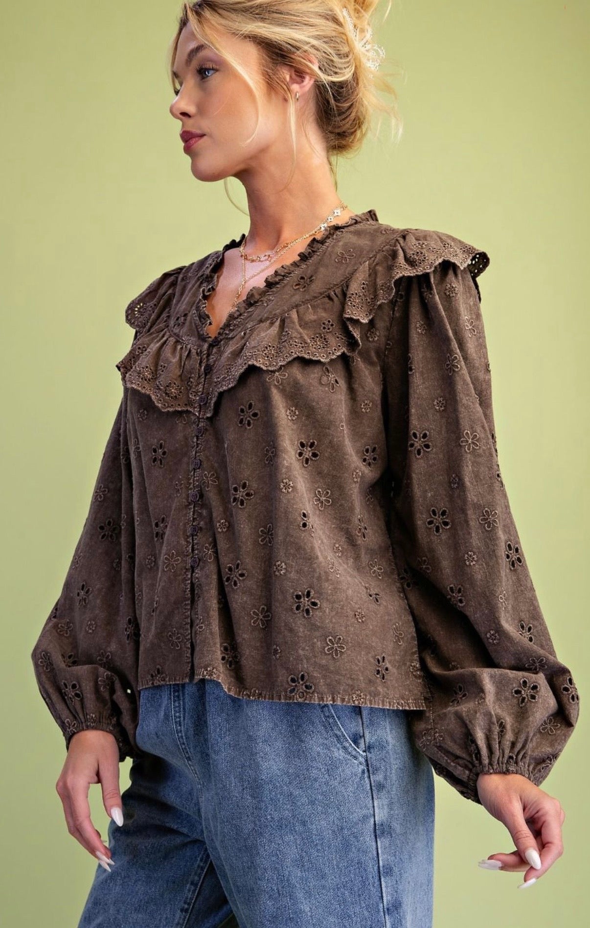 Washed Eyelet Cotton Woven Blouse