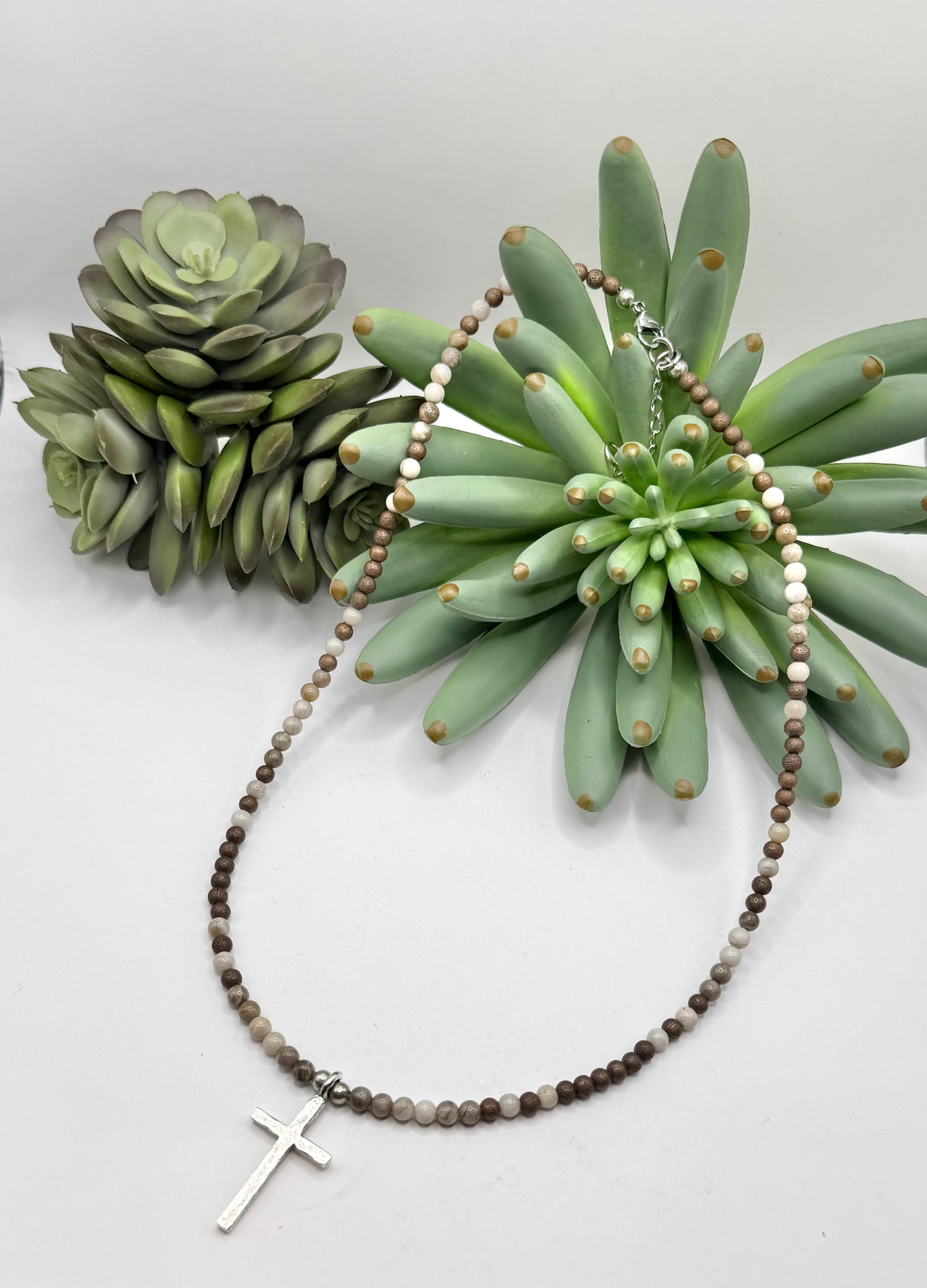 Blended Bead & Silver Cross Necklace - 2 Colors