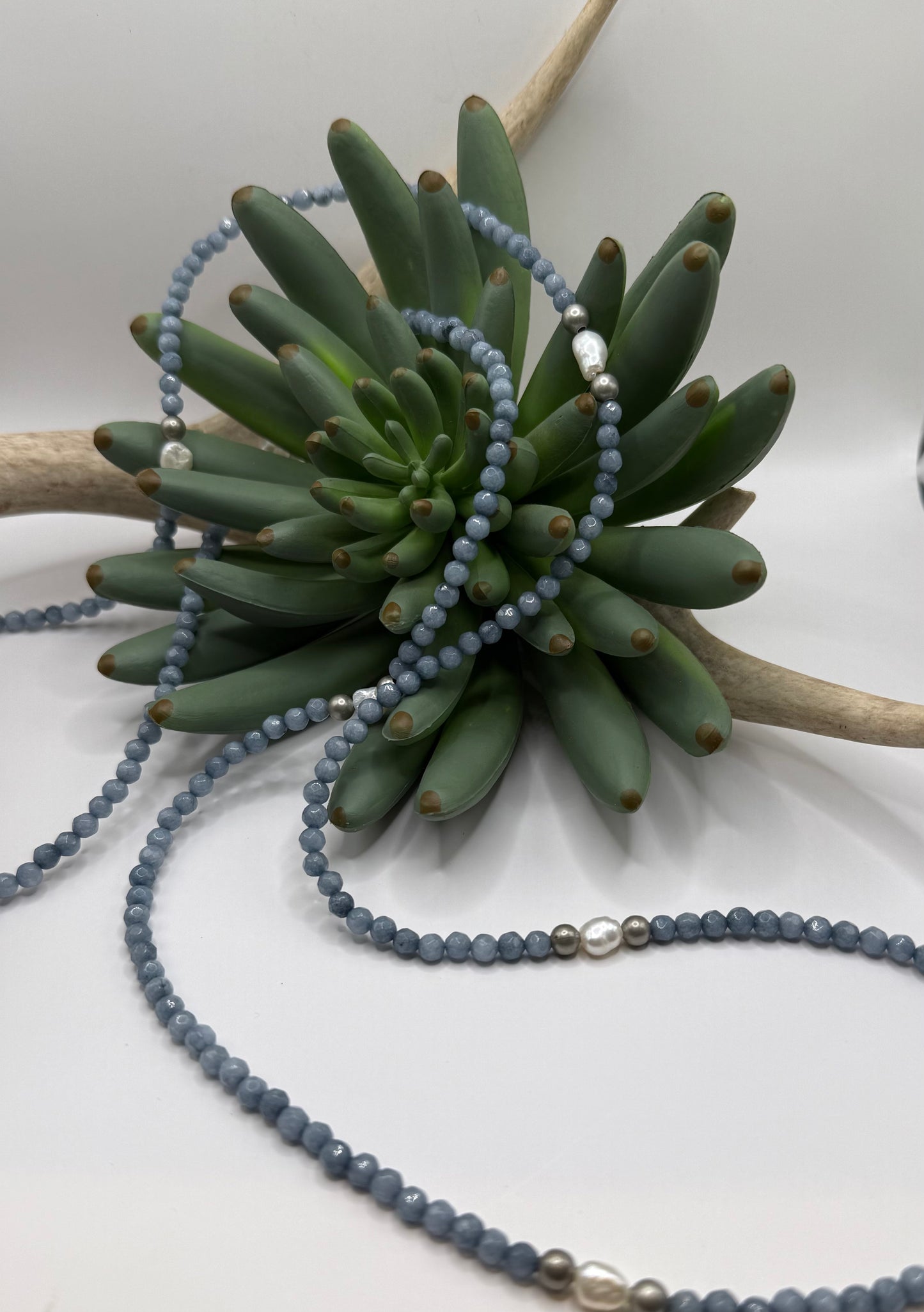 Extra Long Denim Blue & Pearl Necklace