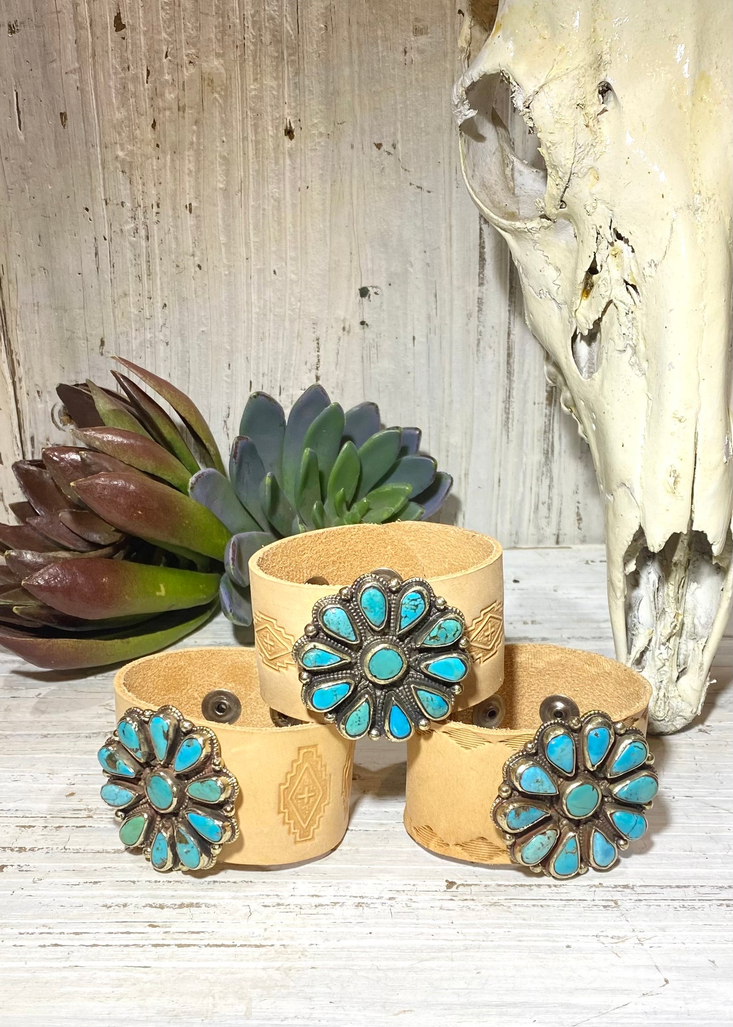 Turquoise Flower & Leather Cuff