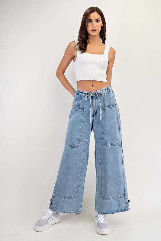 Belted Patch Pocket Wide Leg Jeans