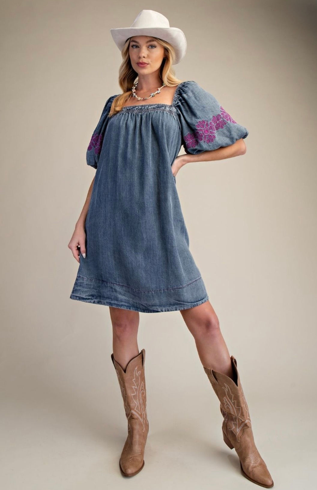 Embroidery Detailing Washed Denim Dress