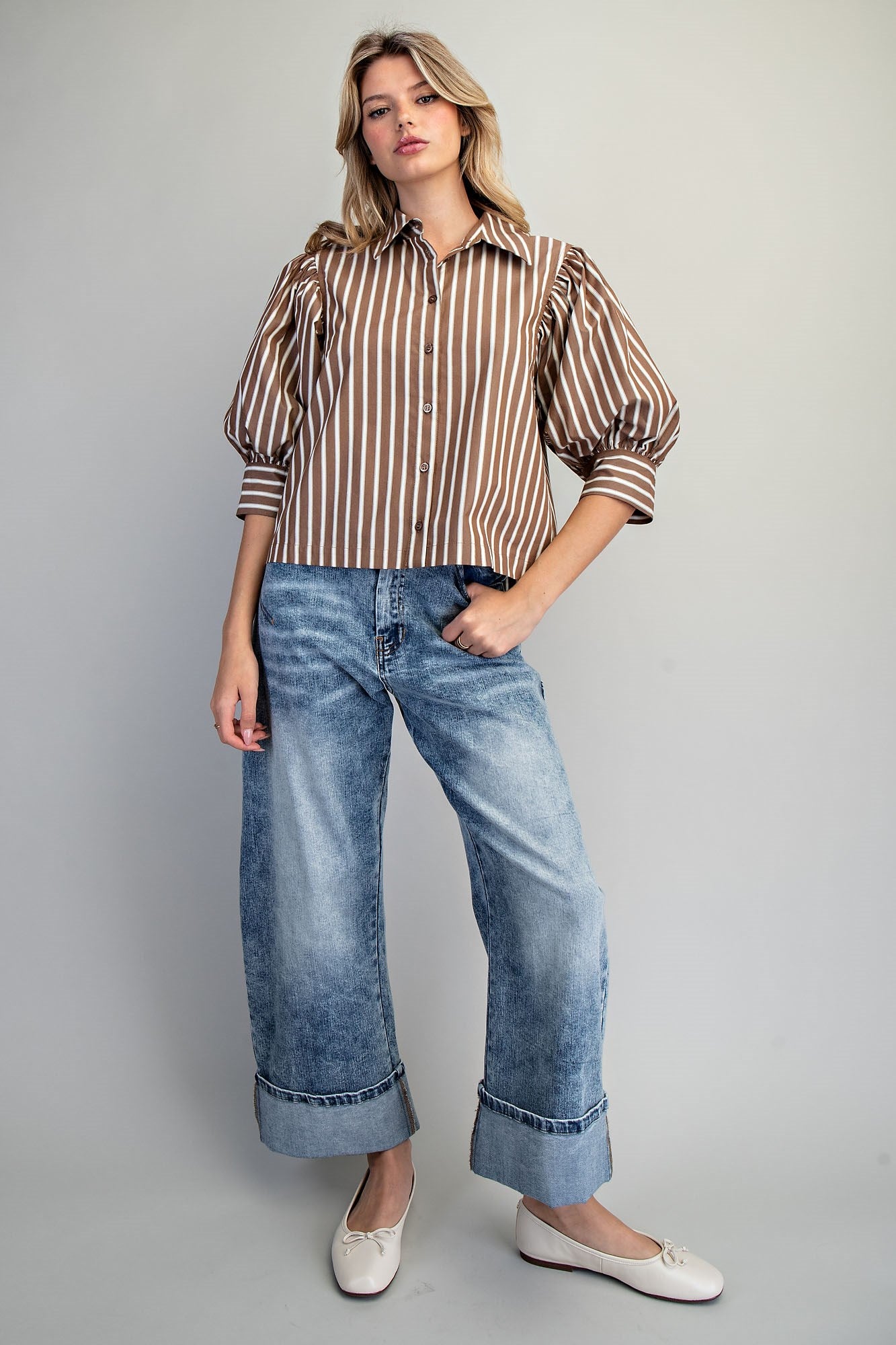 Striped Button Down Cropped Shirt - 2 Colors