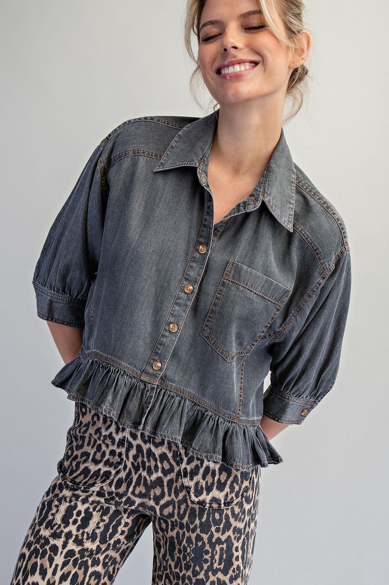 Black Denim Ruffle Hem Blouse