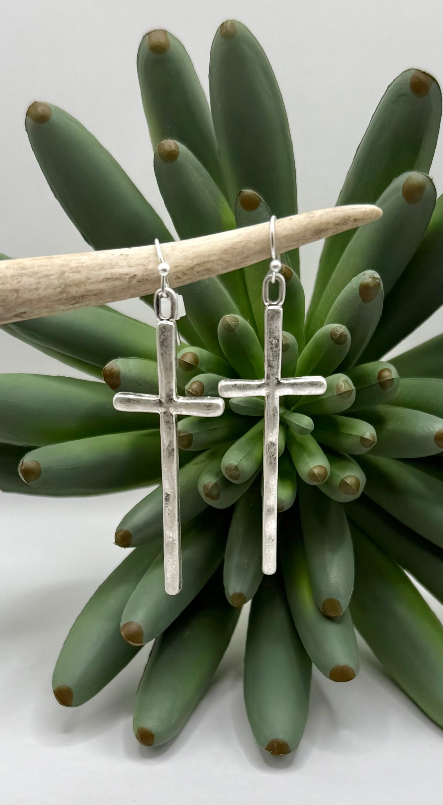Silver Long Textured Cross Earrings