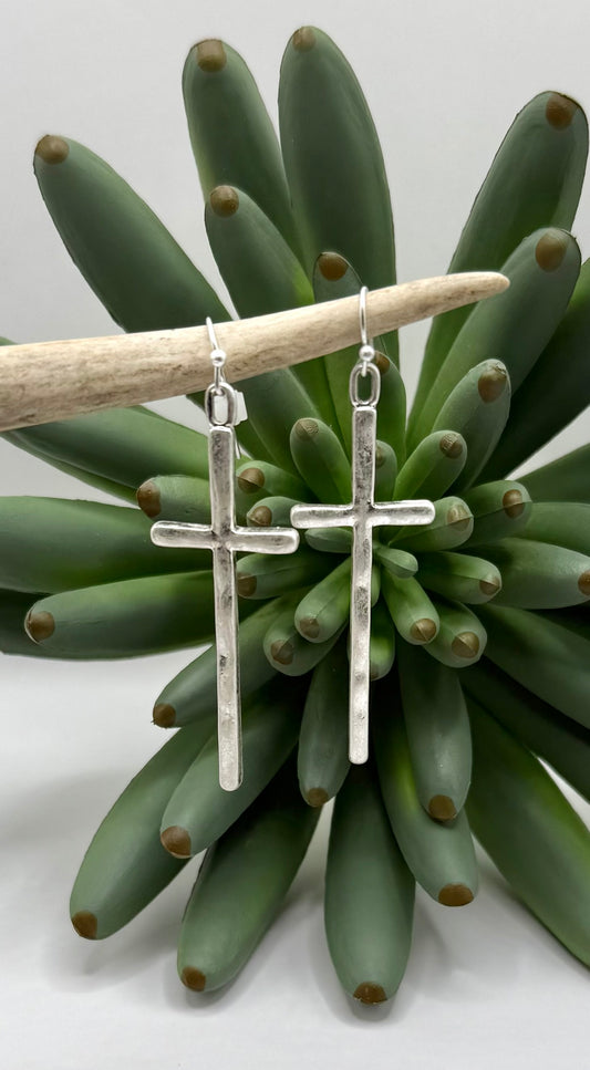 Silver Long Textured Cross Earrings