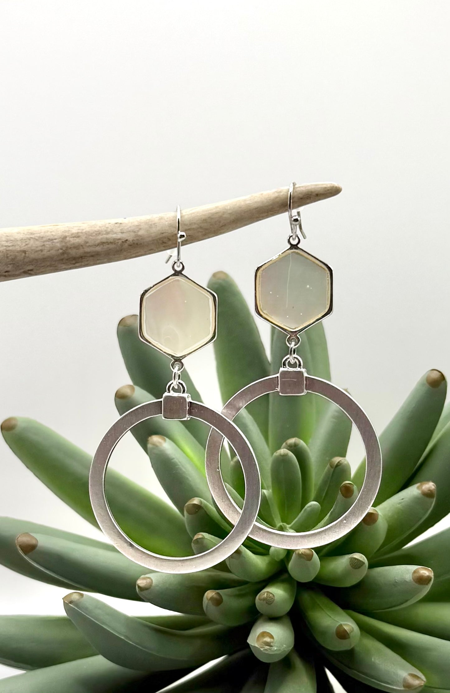 Shell & Matte Silver Dangle Hoop Earrings