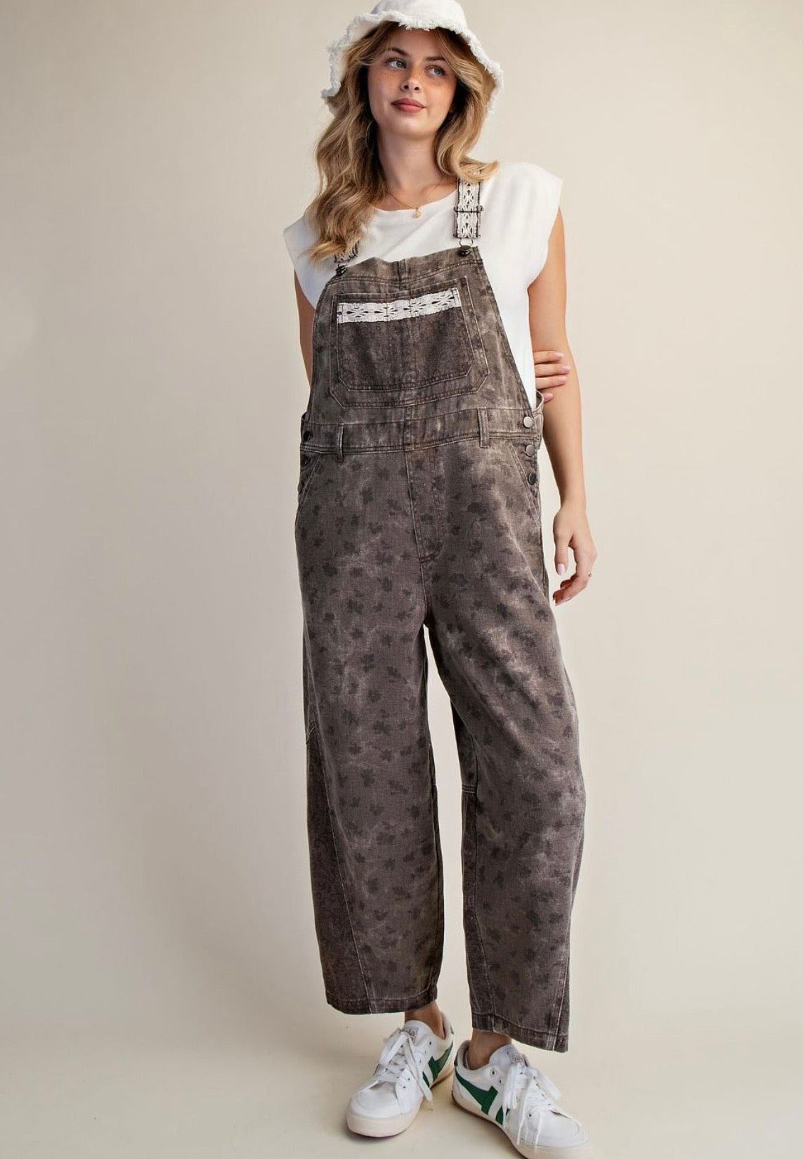 Floral Print Washed Twill Overalls