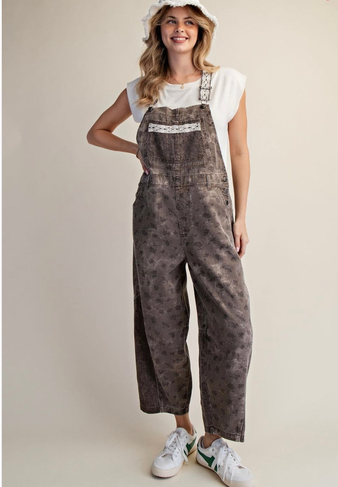 Floral Print Washed Twill Overalls