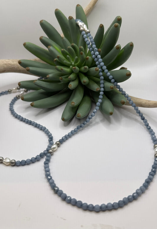 Extra Long Denim Blue & Pearl Necklace