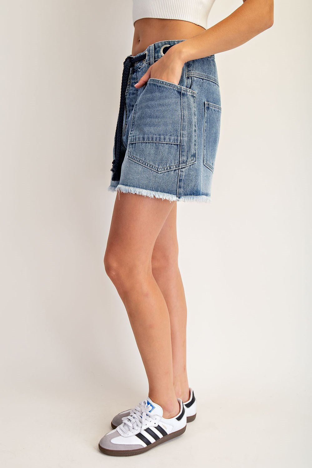 Rope Drawstring Waist Denim Shorts
