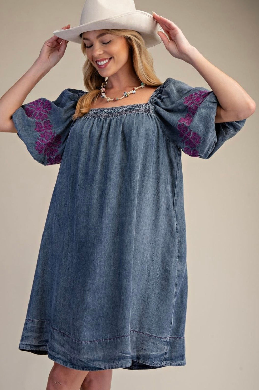 Embroidery Detailing Washed Denim Dress