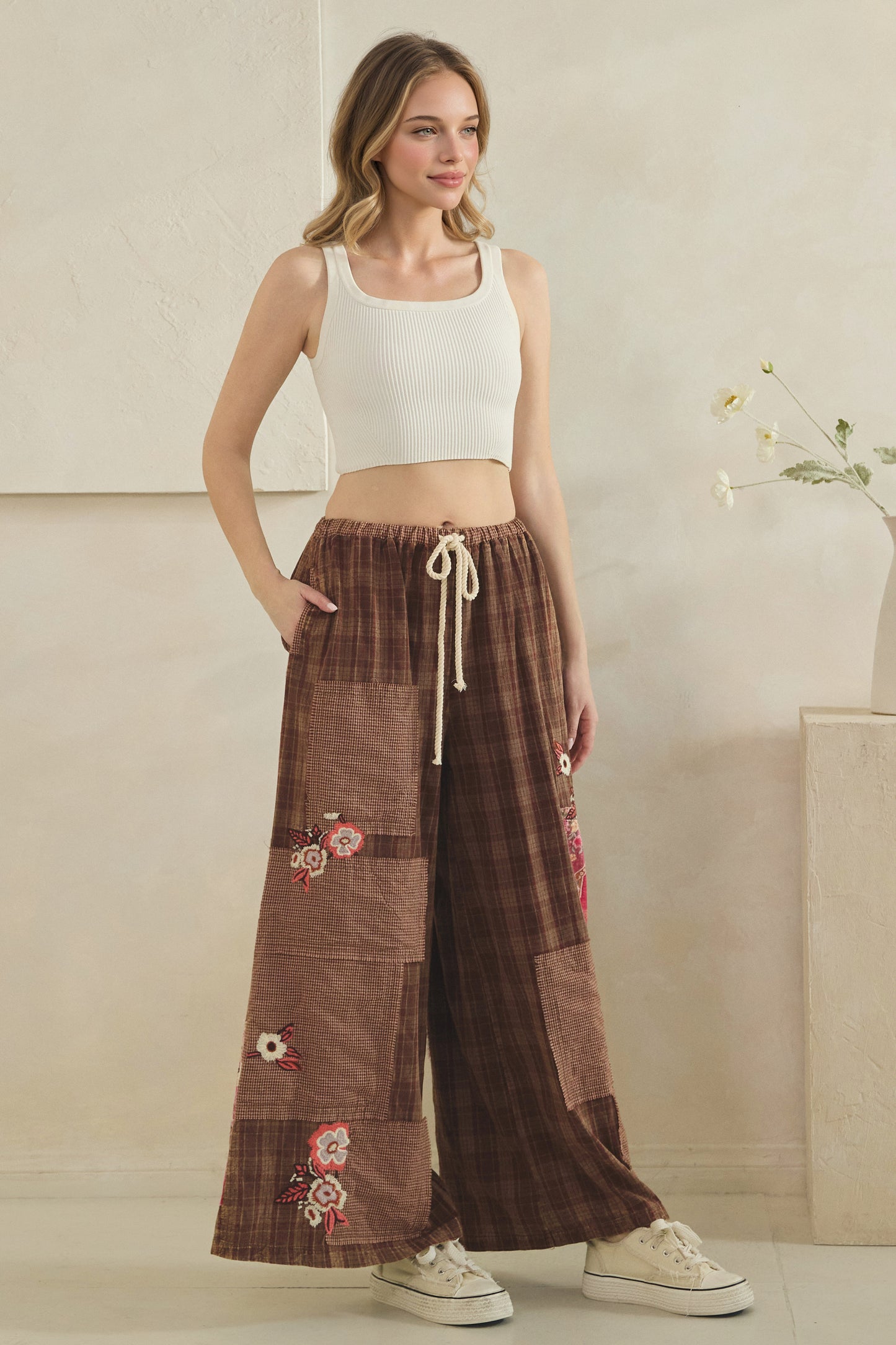 Embroidered Patchwork Plaid Pants