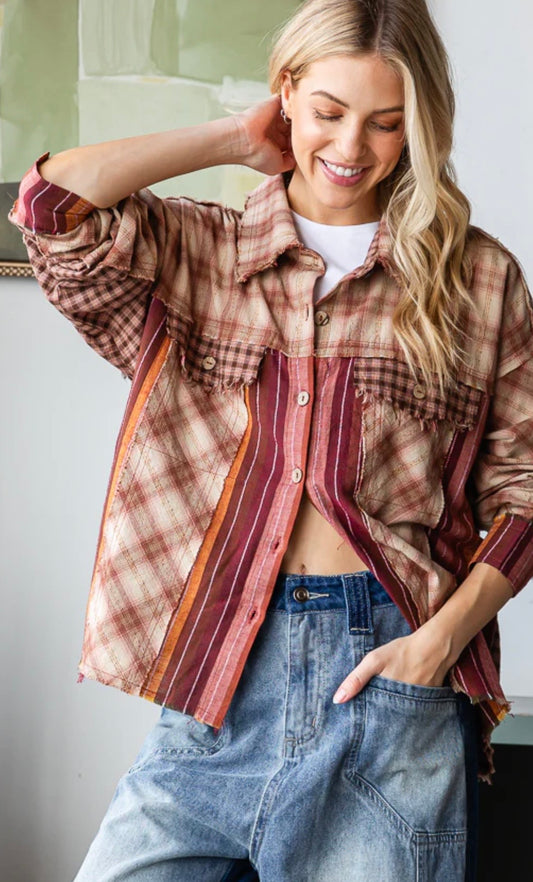Washed Plaid & Stripe Mixed Shirt