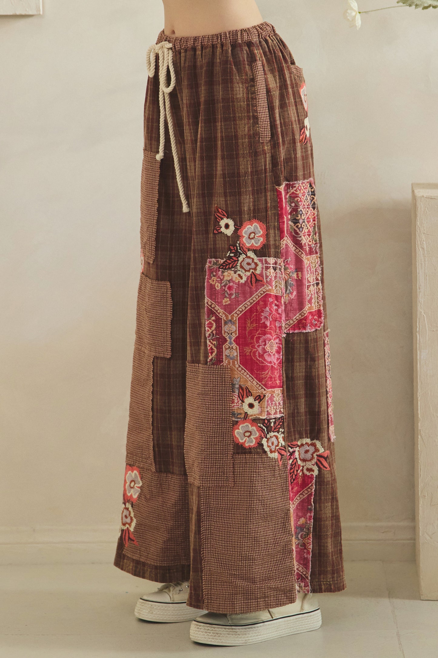 Embroidered Patchwork Plaid Pants