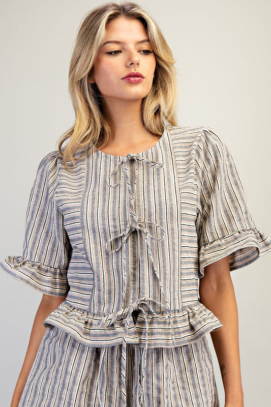 Striped Front Tie Ruffled Blouse Top