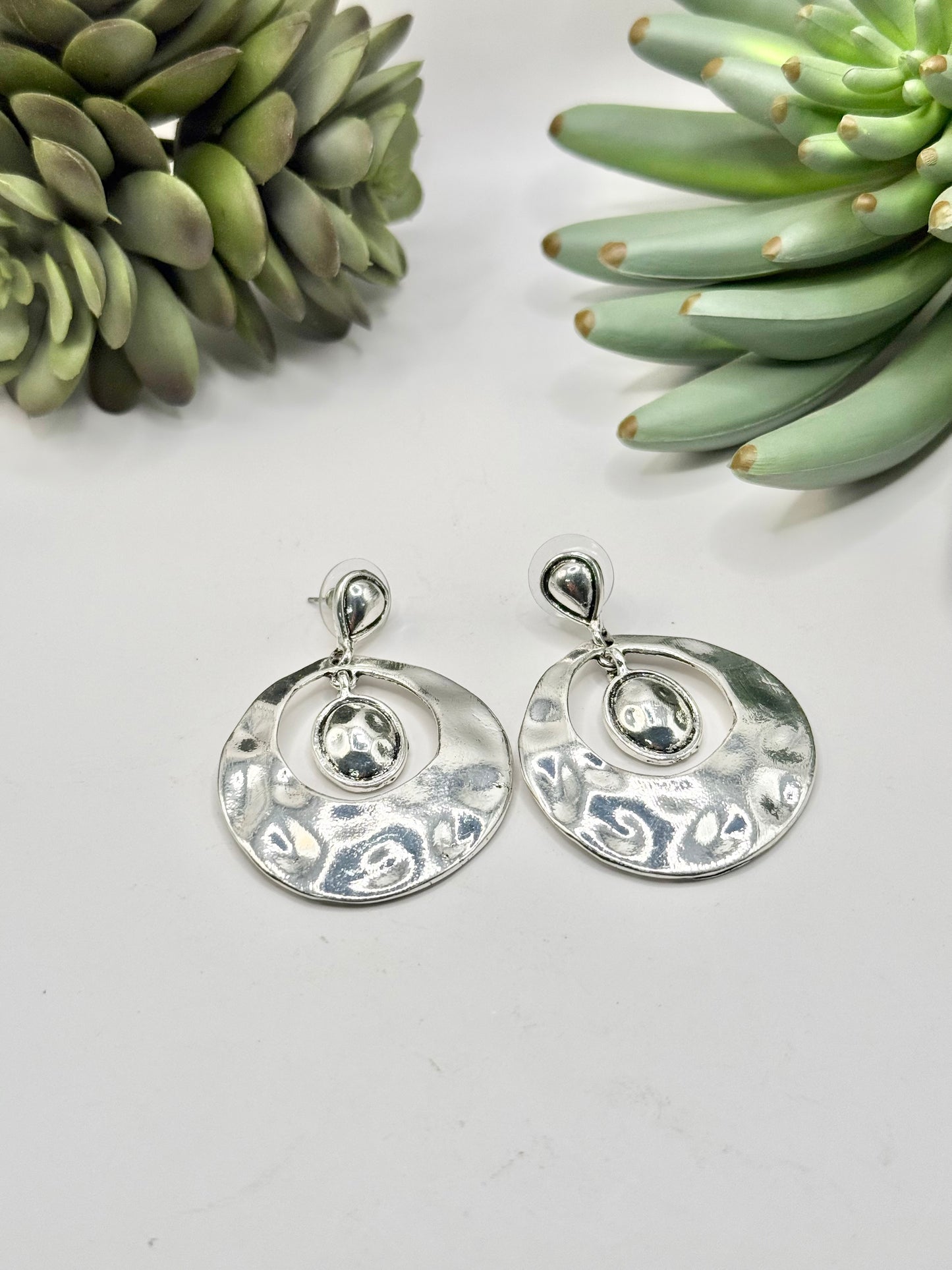 Silver Textured Quirky Hoop Earrings