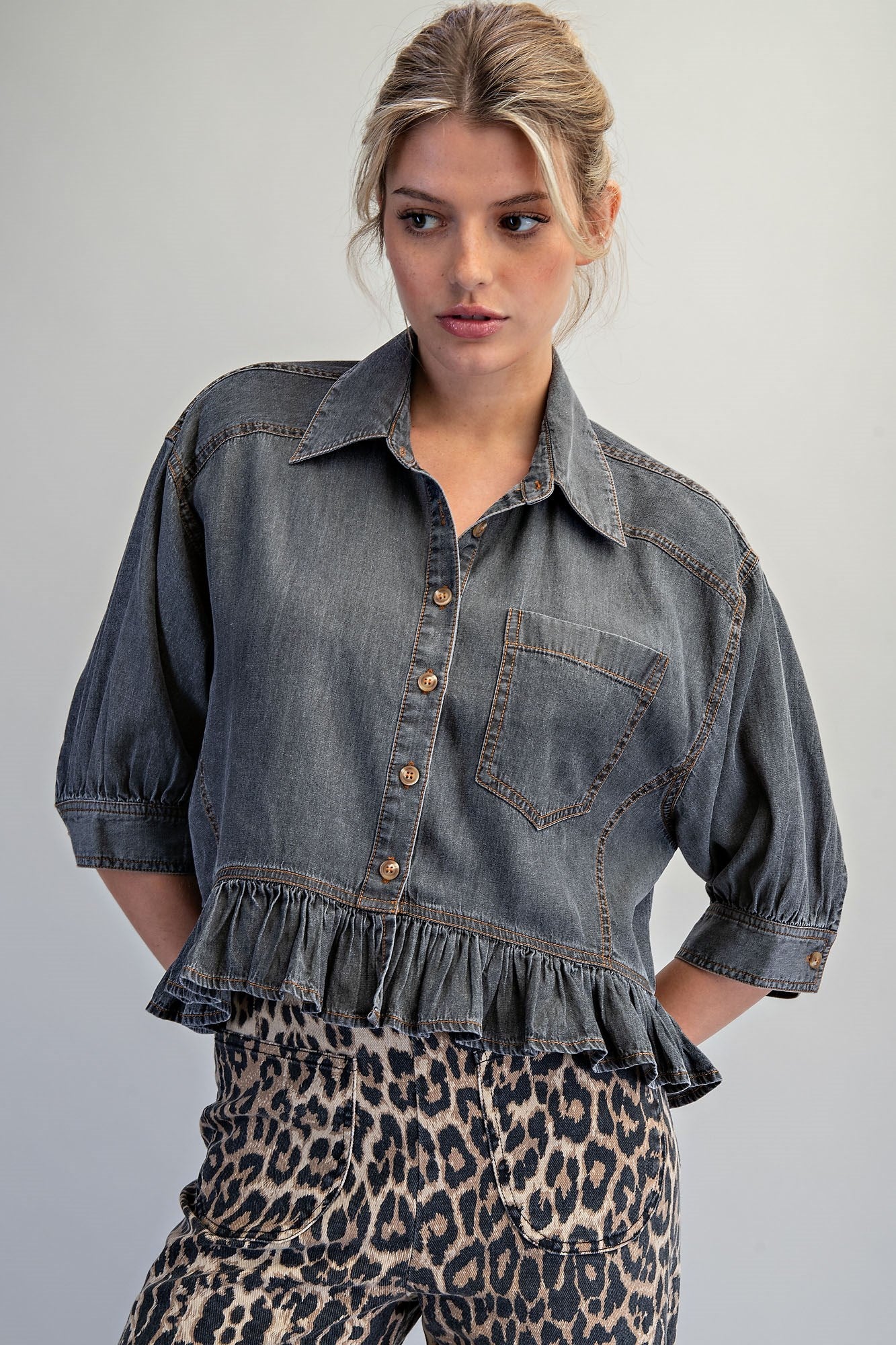 Black Denim Ruffle Hem Blouse