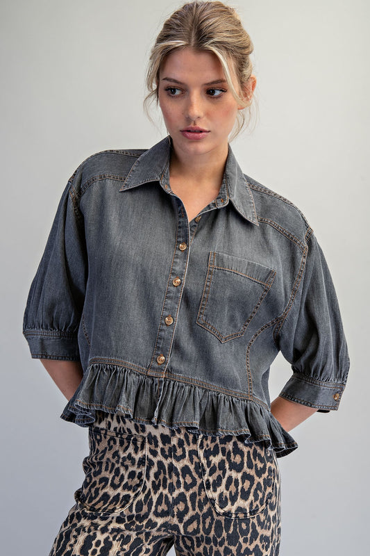 Black Denim Ruffle Hem Blouse